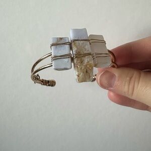 Ali-Khan NY Gold Wire Cuff Bracelet with White and Blue Stone Accents NWOT